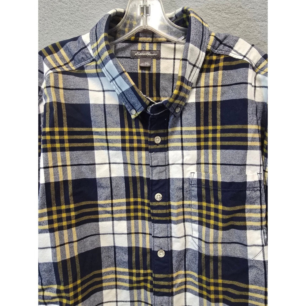 Eddie Bauer Mens 2XL Classic Fit Plaid Flannel Shirt Navy Blue Yellow Cotton